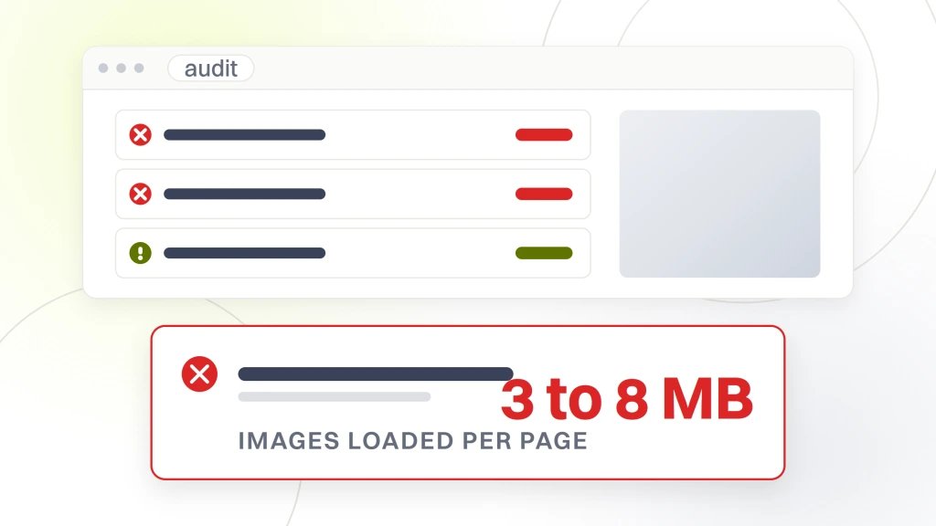 Page Speed for Chiropractor Websites. An audit window with three failing and warning verdict rows above a card carrying the measured value 3 to 8 MB, labeled images loaded per page and marked as failing.