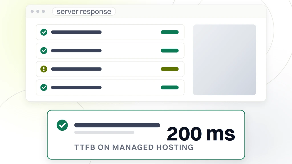 An audit window with four verdict rows above a card carrying the measured value 200 ms, labeled time to first byte on managed hosting and marked as passing, from a guide to page Speed for Chiropractor Websites.
