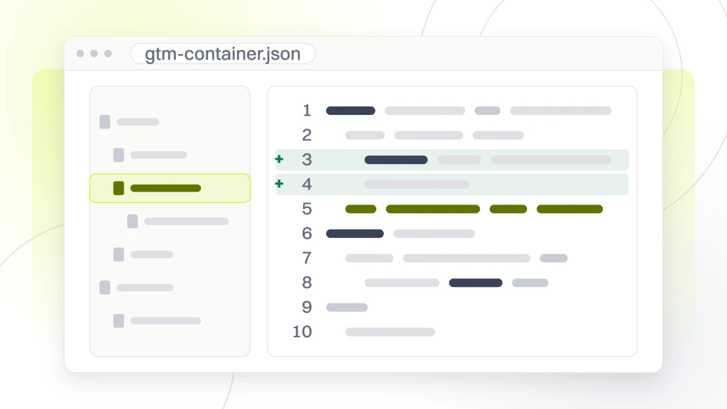 Google Ads Tag Manager Conversion Tracking. An editor window with a file tree on the left and a syntax pane on the right, showing ten lines of container config with two added lines in the diff gutter and one line highlighted.