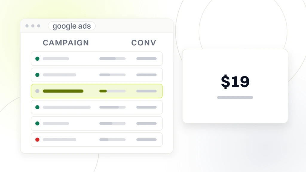 Healthcare PPC Agency. An ads account window listing six campaign rows with the third highlighted, beside a white card carrying the figure $19 and the words average cpl at 12 months.