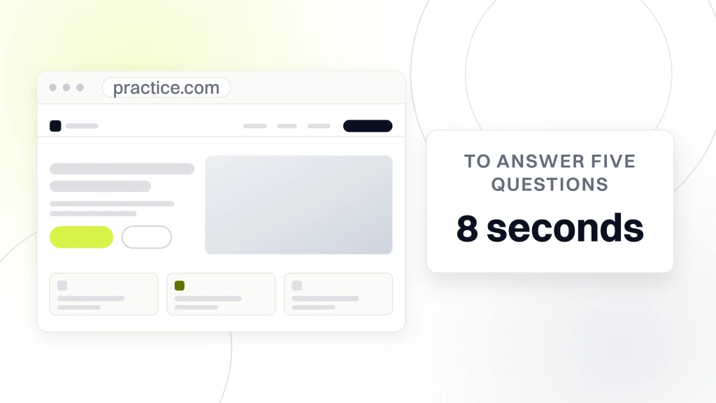Healthcare Web Design. A healthcare practice site drawn in browser chrome beside a card reading 8 seconds, labeled as the time it has to answer five patient questions.