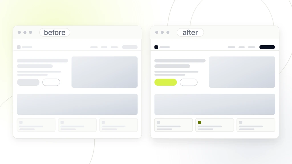 Medical web design. Two site windows side by side labeled before and after, the earlier one drawn in dim furniture with a grey button and the later one with live photography and a lime button.
