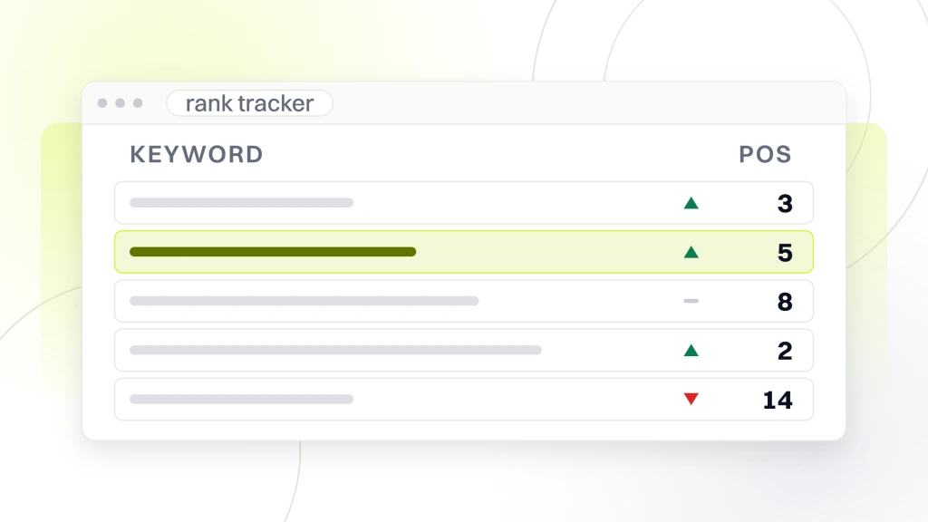 Healthcare website types. A rank tracker window in browser chrome with five keyword rows, each carrying a keyword rule, a movement arrow and its position, one row highlighted.