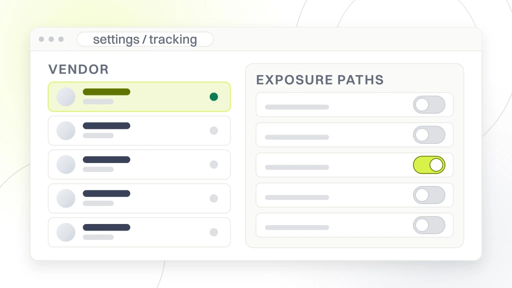 Healthcare Website Security. A settings screen in browser chrome with a table of vendor rows on the left and a permissions panel on the right listing analytics tags, chat widget, contact forms, marketing pixels and session recording, each with its own switch.