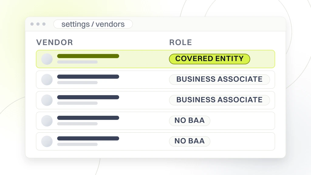 Phi exposure prevention. A settings screen in browser chrome holding a table of five vendor rows, each carrying a role pill reading covered entity, business associate or no baa.