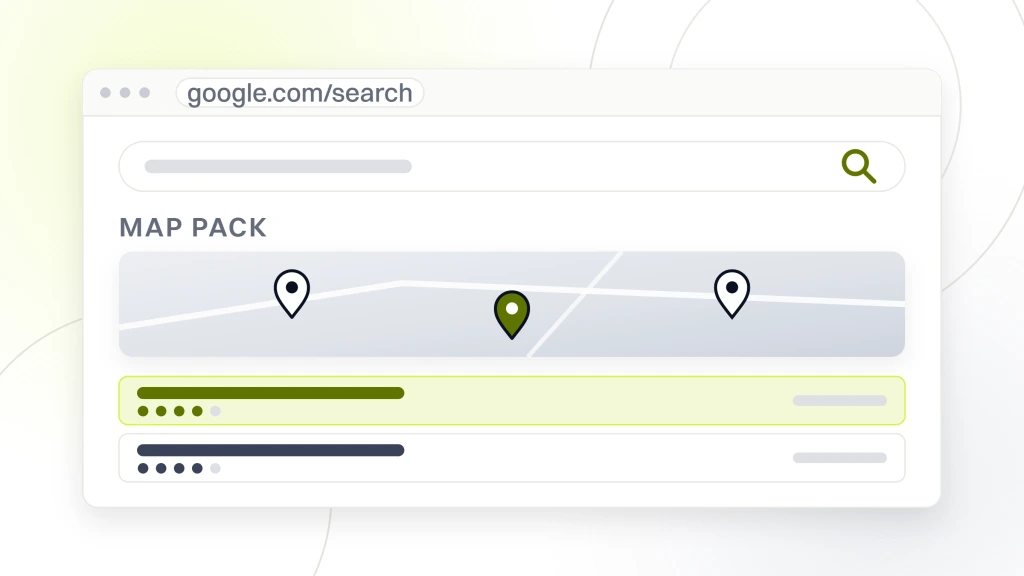 Home Services SEO Map Pack Playbook. A search results page showing the map pack, a map plate with three pins above three local listings, the top listing highlighted with its rating dots and distance.