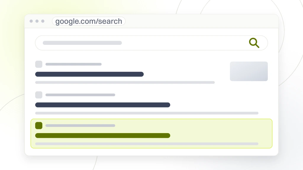 Home Services SEO. A search results page with a query box, the tab rail, four organic listings with the third highlighted, and a row of related search pills underneath.