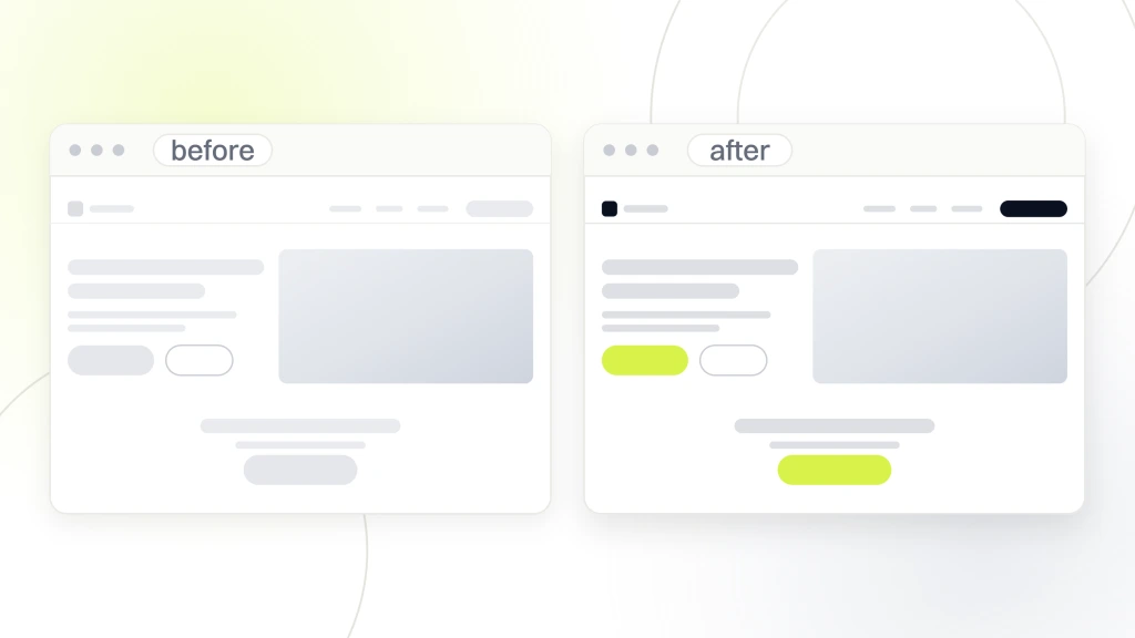 HVAC Website Design. Two browser windows side by side labeled before and after, the left dim with a grey button, the right carrying live photography and a lime call to action.