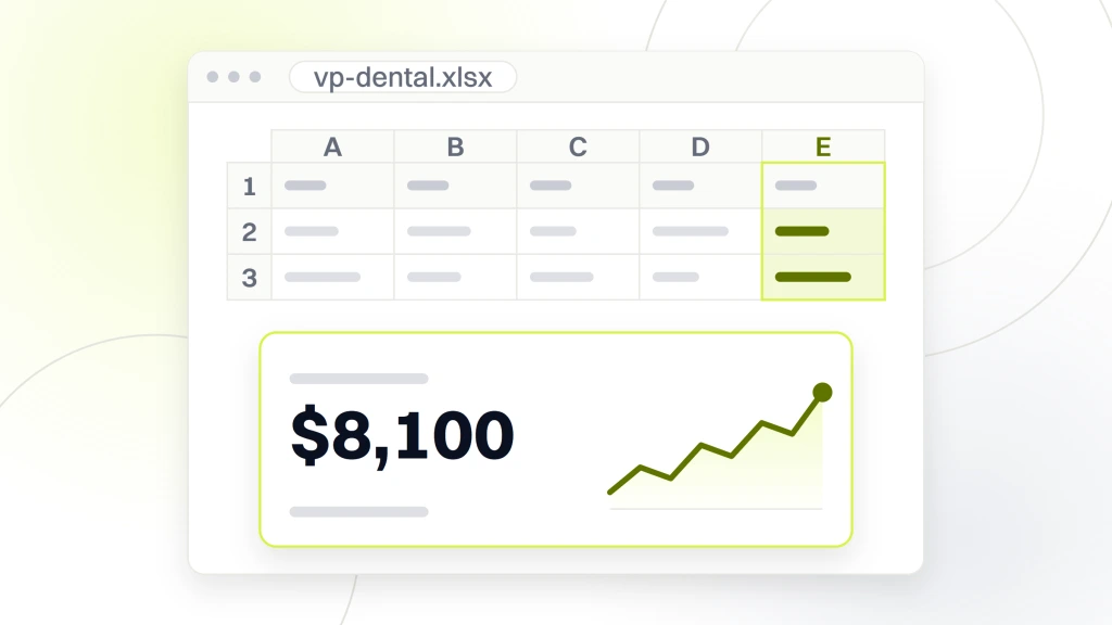 A spreadsheet window with a small grid above and one cell magnified onto a card below, reading monthly recurring revenue, $8,100, added from the web channel, beside an area chart, from a guide to pros and Cons of Joining a Dental DSO.
