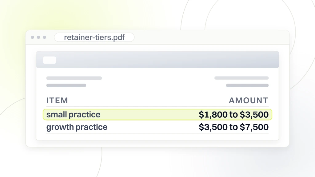 How to Choose a Dental Marketing Company. A priced document open in a viewer with two lines reading small practice $1,800 to $3,500 and growth practice $3,500 to $7,500, the small practice line highlighted.