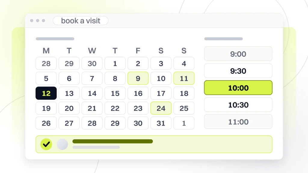 Instagram Marketing for Chiropractors. A booking screen in browser chrome with a month grid, a slot rail beside it with two times already taken and one selected, and the appointment it produced.