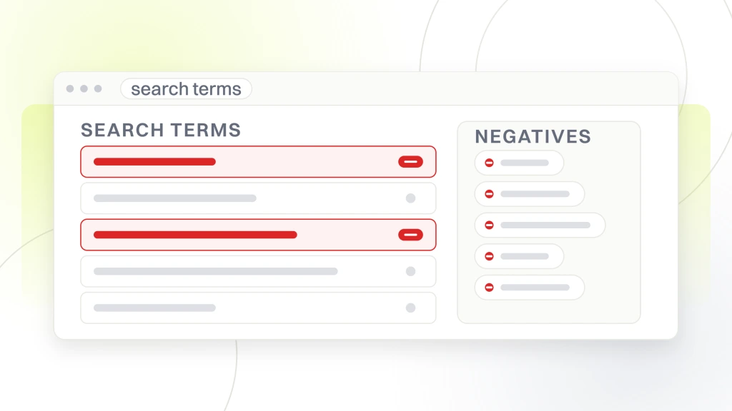 Invisalign Marketing for Dentists. A search terms report window listing five queries with two flagged for exclusion, beside a negatives panel holding the chips they feed.