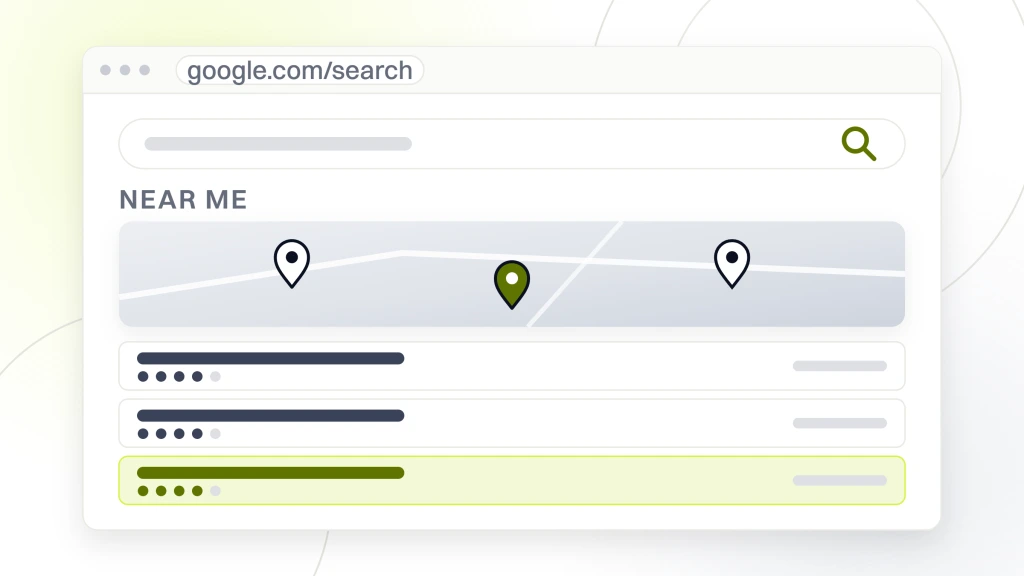 A search results page in browser chrome showing the query box, a map plate with pins, and four local listings underneath with their rating dots and distances, the third one highlighted, from a guide to local SEO for Ecommerce.