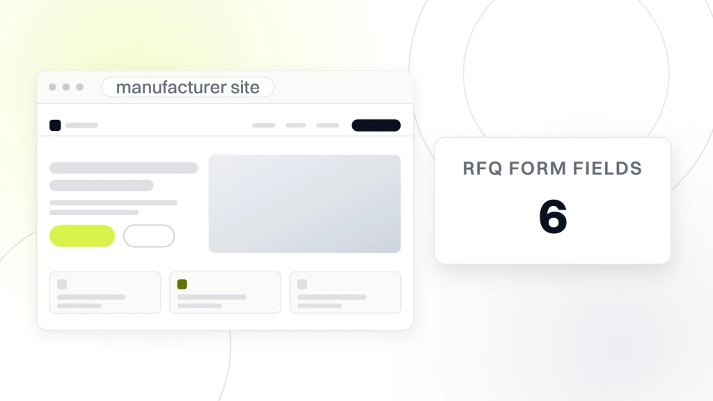 Orange county manufacturing web design. A manufacturer website in browser chrome with a card beside it reading 6 rfq form fields.