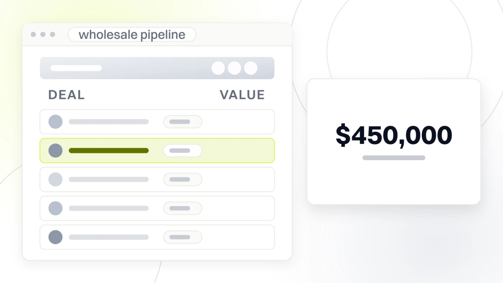 Marketing Agency for Food Manufacturer. A deal list in a pipeline window with five rows, one highlighted, and a panel beside it reading $450,000 return on 25 accounts.