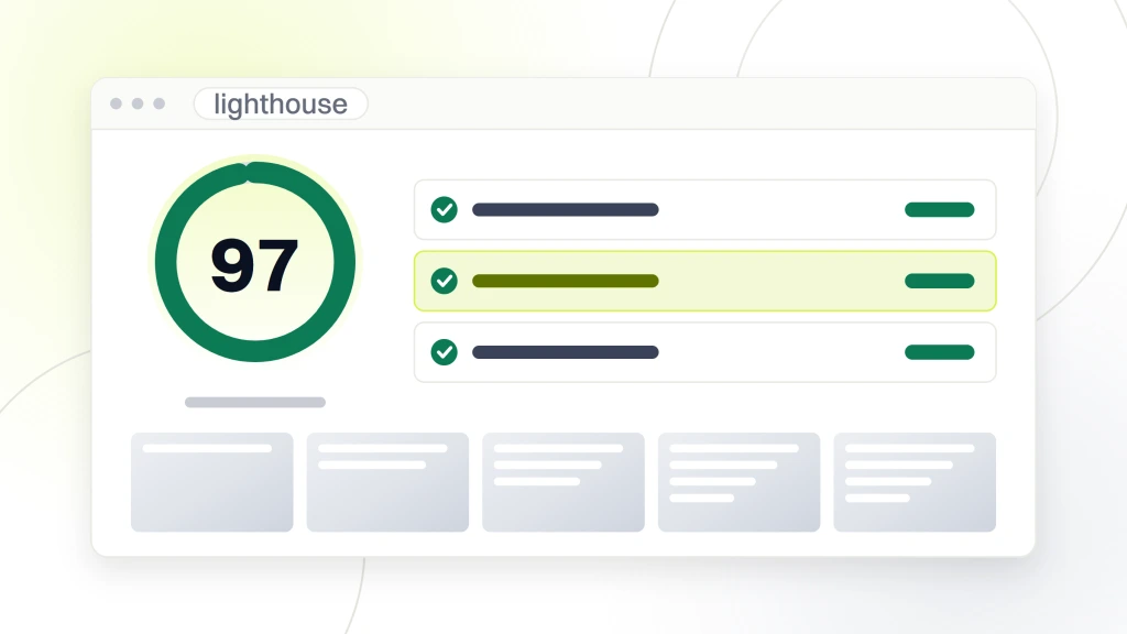 Mobile Responsive Web Design. An audit window showing a score dial reading 97 labeled mobile performance target, three passing metric rows beside it and a filmstrip of render frames underneath.