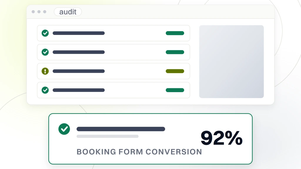 Mobile-first web design. An audit window with four verdict rows above a card carrying the measured value 92 percent, labeled booking form conversion and marked as passing.