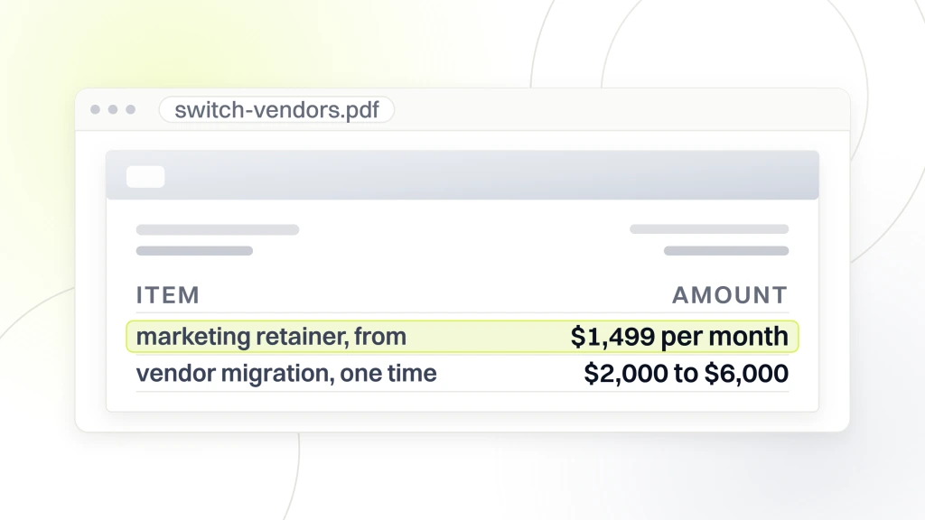 SEO company for optometrists. A quote document with an addressed block and two lines, a marketing retainer from $1,499 per month highlighted and a one time vendor migration at $2,000 to $6,000.