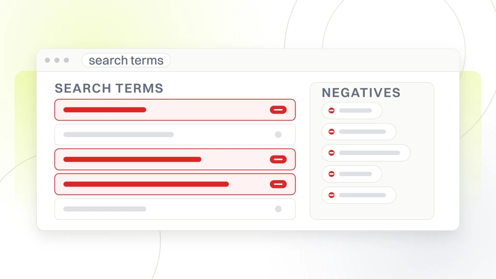 Chiropractor PPC. A search terms report listing five queries with their figures, three of them marked for exclusion as negative keywords.