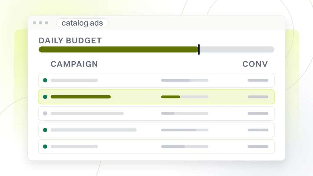 PPC for Fashion Ecommerce. An ads account window listing five campaign rows with their status marks and a daily budget rail, the second campaign highlighted.