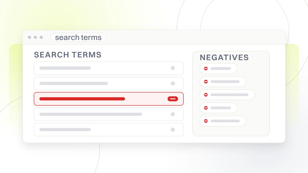 A search terms report listing five queries with their figures, one of them marked for exclusion as a negative keyword, from a guide to PPC for Fashion Ecommerce.
