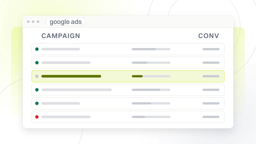 PPC for Food and Beverage Manufacturers. An ads account window listing six campaign rows with their status marks, the third row highlighted, drawn without the daily budget rail.