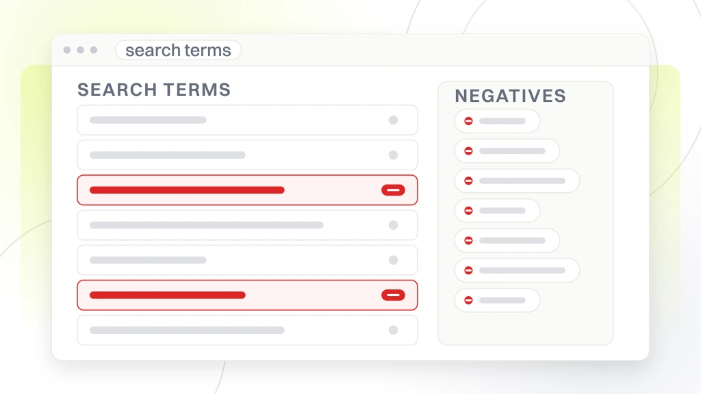 Food and beverage manufacturer PPC. A search terms report listing seven queries with their figures, two of them marked for exclusion as negative keywords.