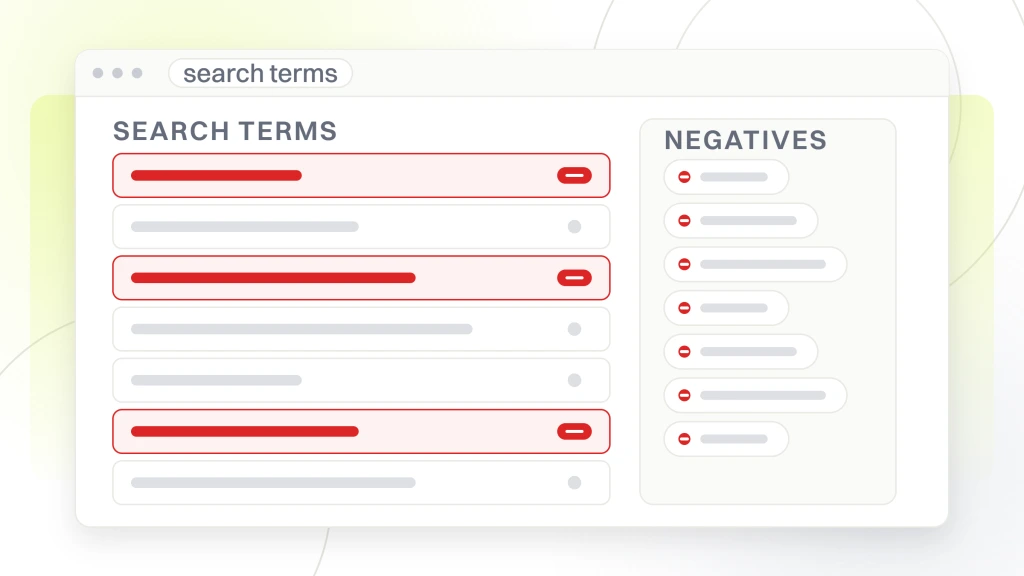 A search terms report in a window with seven query rows, three flagged for exclusion, and a negatives panel beside it holding the chips those exclusions become, from a guide to PPC in Ecommerce.