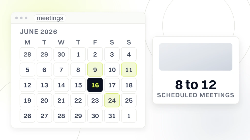 A booking window showing a june 2026 month grid with the 16th selected, and a card beside it reading 8 to 12 scheduled meetings, from a guide to dental DSO Conference.