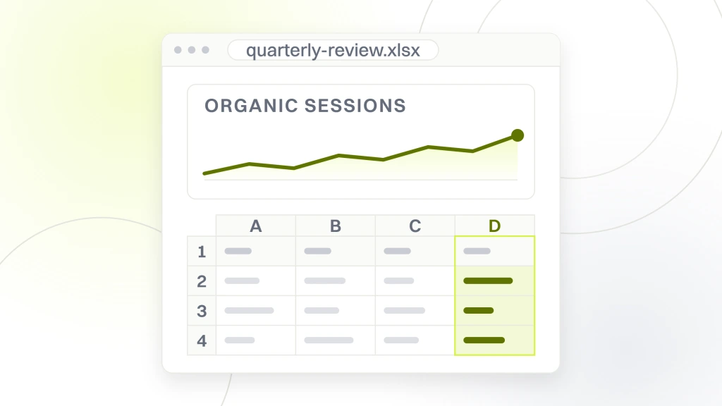 Dental marketing SEO. A report window with a column chart at the top and the table of cells beneath it, the read column headed organic sessions.