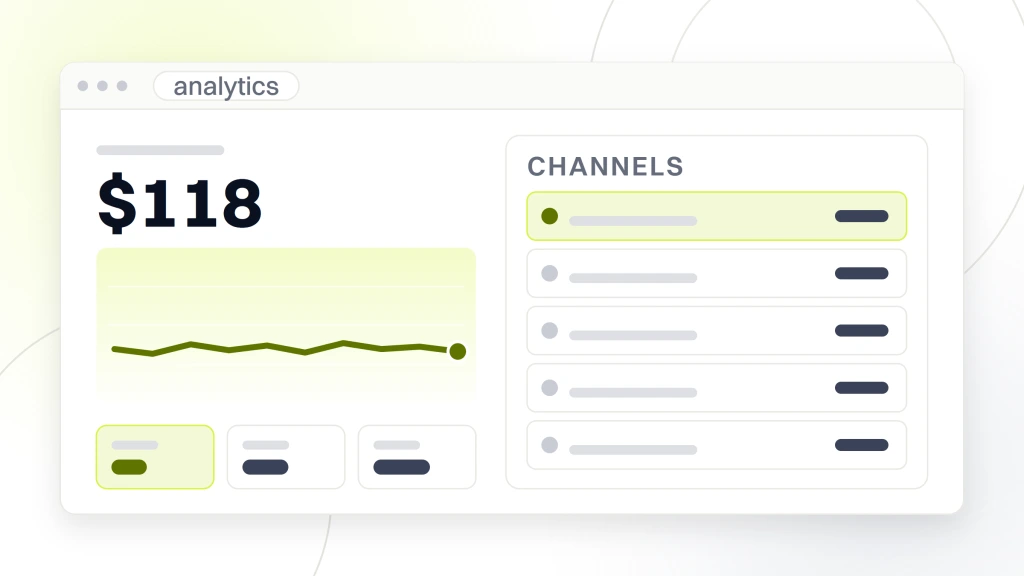 DSO Patient Acquisition. An analytics dashboard in browser chrome reading cost per new patient $118 with a flat plot and three metric tiles on the left, and a channel table on the right naming paid search, local seo, review workflow, referral and brand and pr.