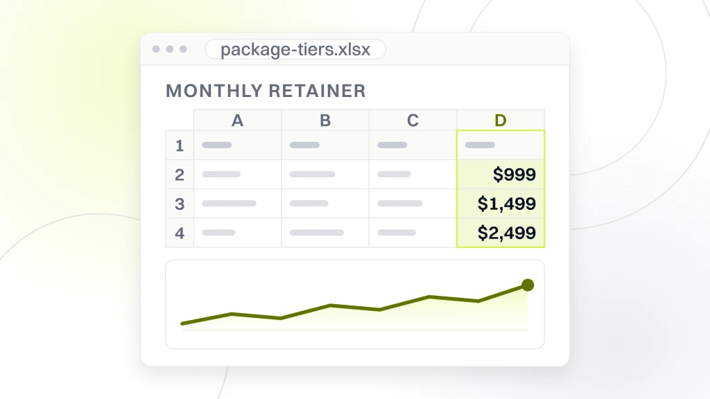 E-commerce SEO Packages. A spreadsheet export window titled package-tiers.xlsx with a read column headed monthly retainer holding $999, $1,499 and $2,499.