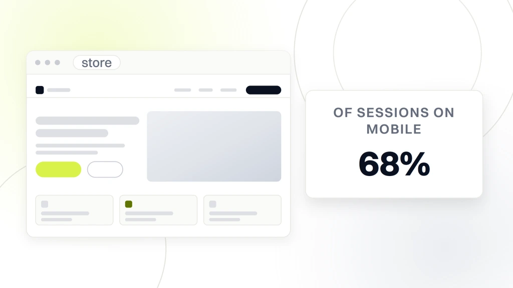 Ecommerce Web Design Tips. A store drawn in browser chrome beside a card reading 68 percent, labeled as the share of sessions on mobile.