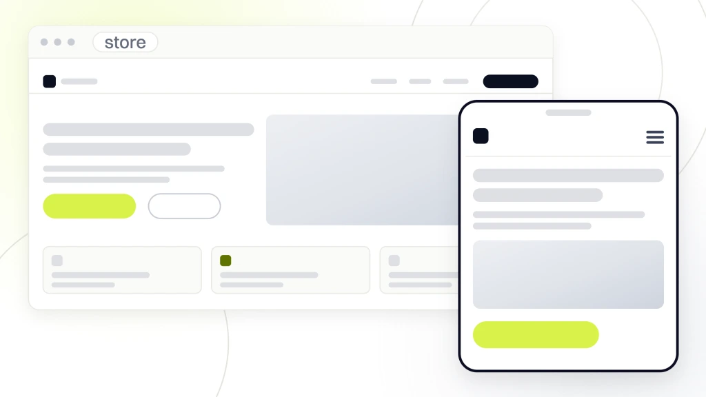 A finished store drawn in browser chrome with navigation, a photographic hero and a product card row, a handset build standing in front of it, from a guide to ecommerce Web Design Tips.