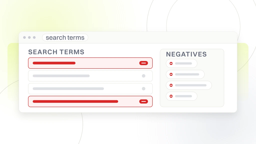Google Ads Management Brisbane. A search terms report in a window with four query rows, the first and last flagged for exclusion, and a negatives panel beside it holding the chips those exclusions become.