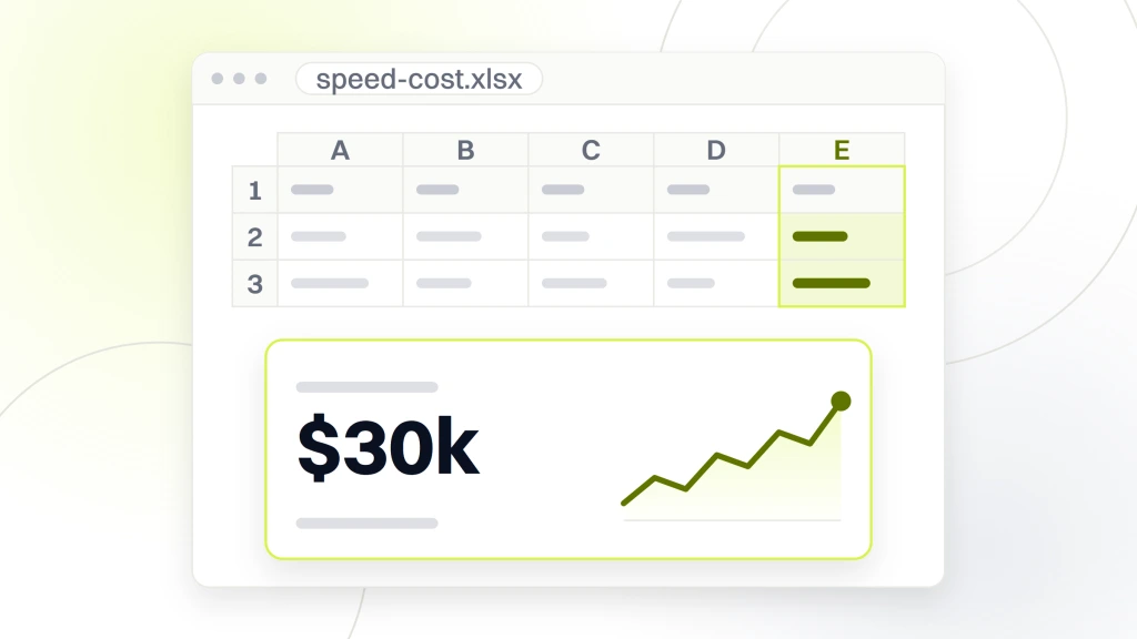 Pet brand managed hosting. A spreadsheet window with a small grid above and one cell magnified onto a card below, reading left on the table, $30k, a month at 4 second LCP, beside an area chart.