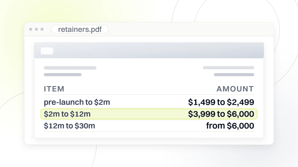 Marketing Agency for Food Brands. A priced document open in a viewer with three lines reading pre-launch to $2m at $1,499 to $2,499, $2m to $12m at $3,999 to $6,000 and $12m to $30m from $6,000, the middle line highlighted.