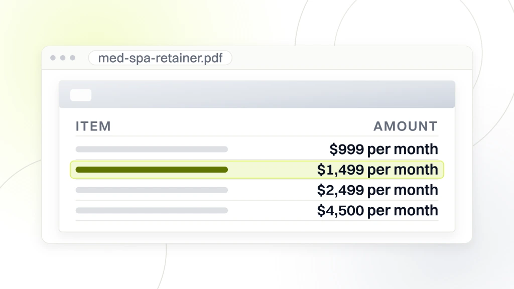 Med Spa Marketing Services. A priced document open in a viewer listing four med spa retainer tiers, SEO Visibility at $999 per month, SEO Traffic at $1,499 per month highlighted, SEO Scale at $2,499 per month and Enterprise from $4,500 per month.