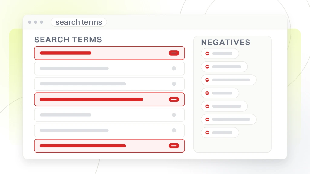 PPC Campaigns for Beauty Spas. A search terms report listing seven queries with their figures, three of them marked for exclusion as negative keywords.