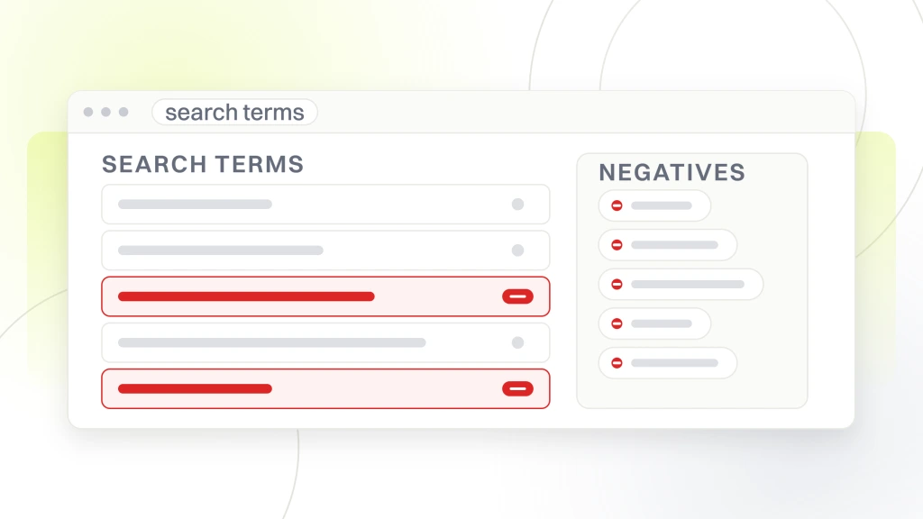PPC Strategy for Ecommerce. A search terms report in a window with five query rows, two flagged for exclusion, and a negatives panel beside it holding the chips those exclusions become.