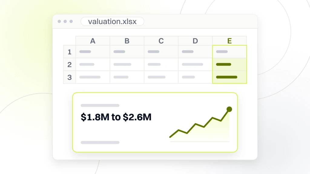 A spreadsheet window with a small grid above and one cell magnified onto a card below, reading full-cash deal value, $1.8M to $2.6M, on $400,000 adjusted EBITDA, beside an area chart, from a guide to private Equity Dental DSO.