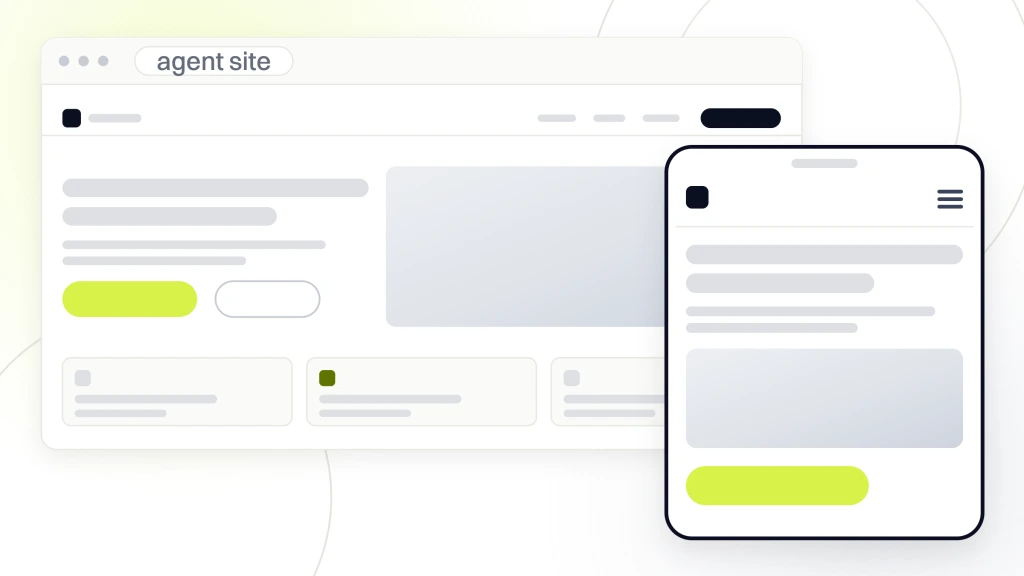 Real Estate Website Design Best Practices. A browser window showing an agent site with its navigation, a single static hero and a listing grid, with the same page drawn on a handset in front of it.