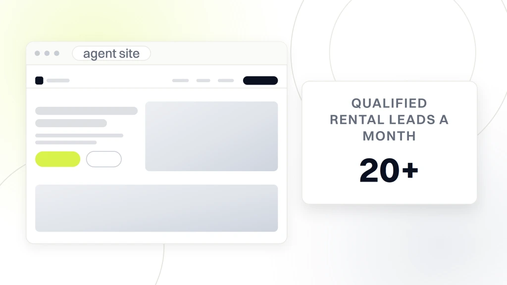 Website design best practices for real estate agents. A browser window showing a real estate client site beside a white card carrying the figure 20+ and the words qualified rental leads a month.