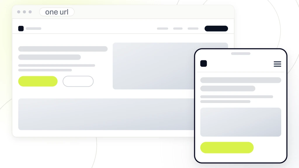 Responsive Web Design SEO. A browser window showing a page with its navigation, hero photography and a band section, with the same page drawn on a handset in front of it.