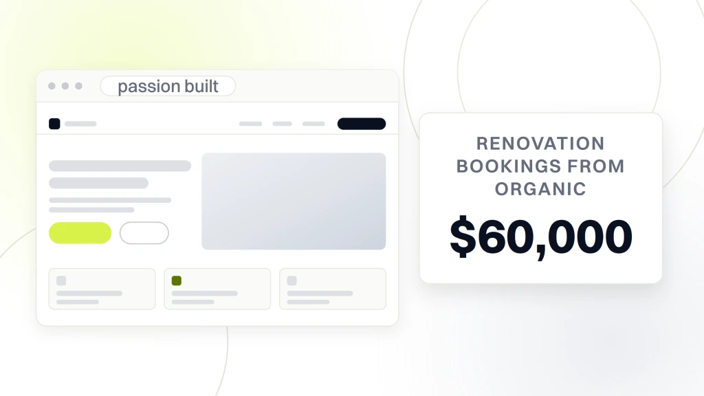 A browser window showing a rebuilt renovation site beside a white card carrying the figure $60,000 and the words renovation bookings from organic, from a guide to responsive Web Design SEO.