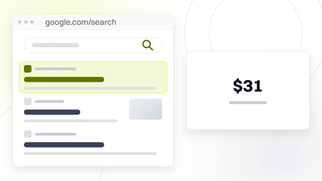 A search results window showing three organic listings and a row of related search pills, beside a card carrying the figure $31 and the words cost per acquisition, week 12, from a guide to SEO for Food and Beverage Companies.