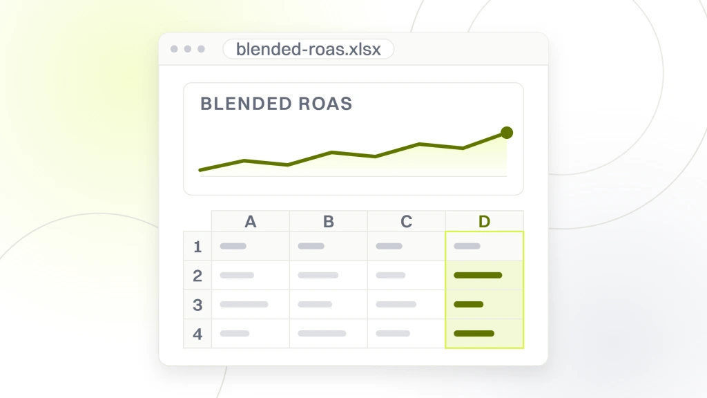 Shopify PPC agency. A report window with a column chart at the top and the table of cells it was built from underneath, the read column headed blended roas.