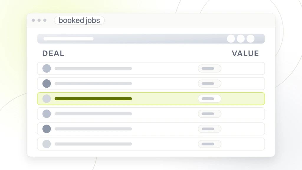 PPC management for small business. A deals window listing six booked job rows with their stage tags, the third row highlighted.