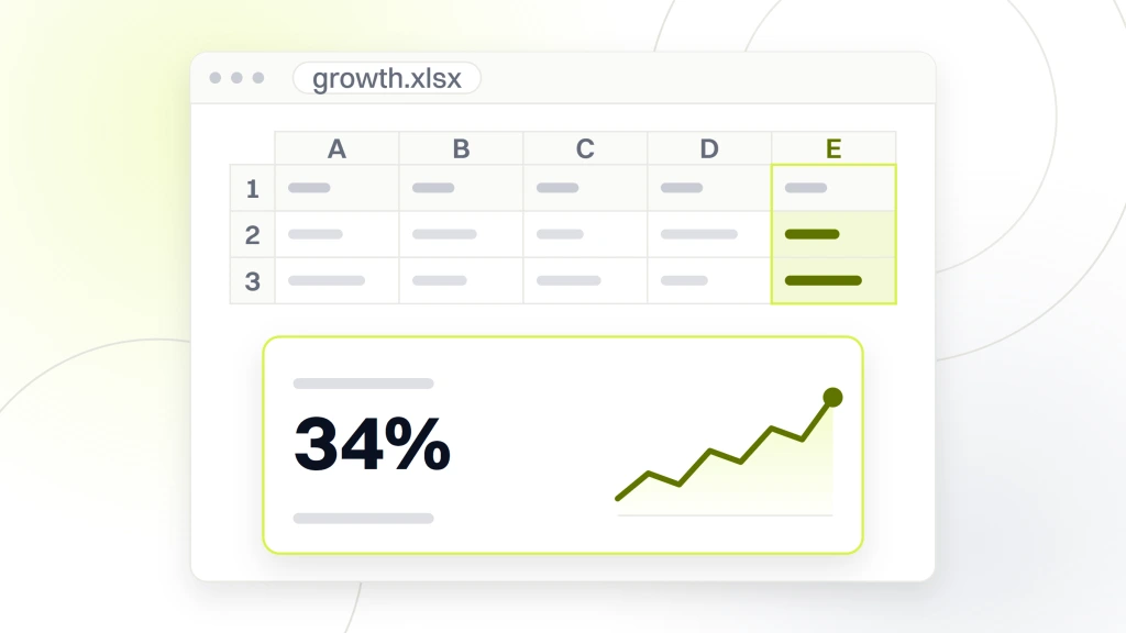 A spreadsheet window with a small grid above and one cell magnified onto a card below, reading insect-protein growth, 34%, annual on a $1.4 billion base, beside an area chart, from a guide to sustainable Pet Products Market.