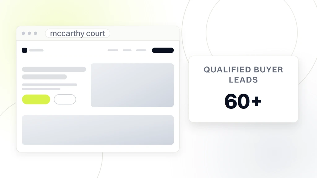 Responsive web design real estate. A browser window showing a property development site beside a white card carrying the figure 60+ and the words qualified buyer leads.